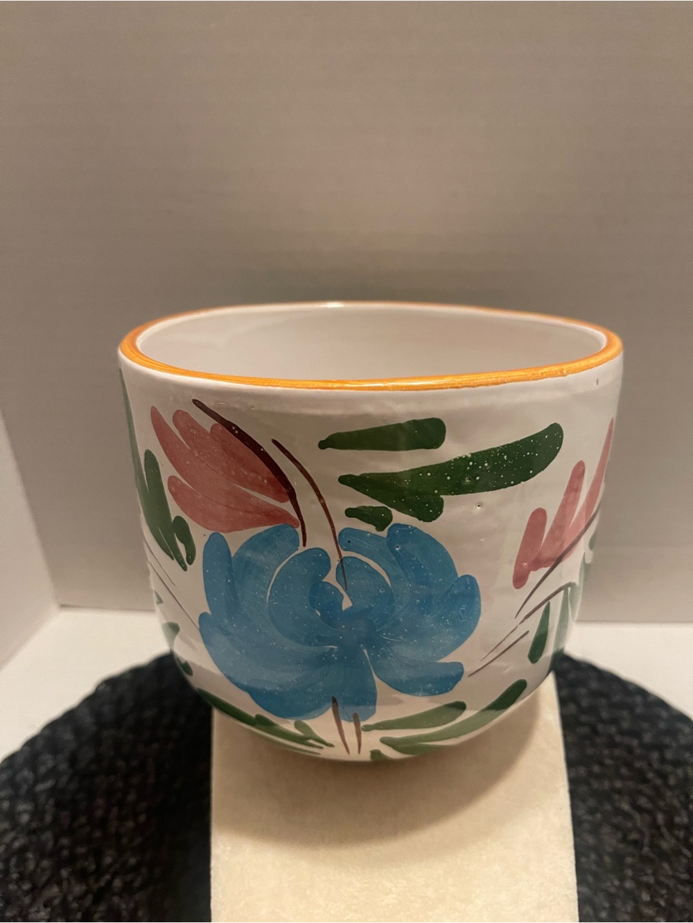 Hand-Painted Florentine Floral Ceramic Planter in Blue and Pink Italy